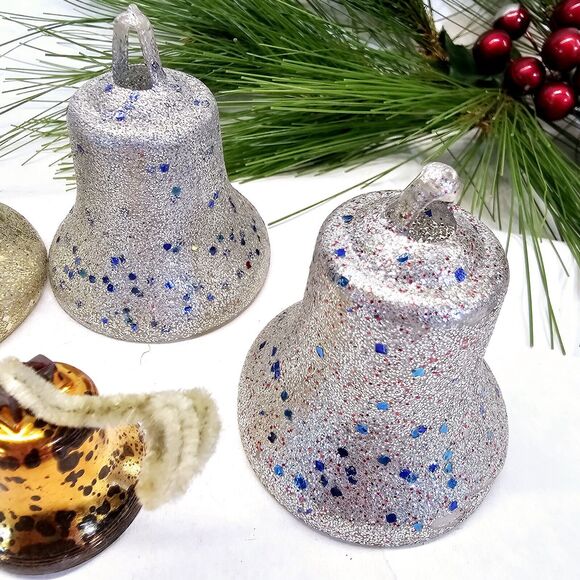 Vintage 6 Hard Plastic Gold Silver Glitter Bell Christmas Tree Ornaments Retro! - Picture 3 of 11